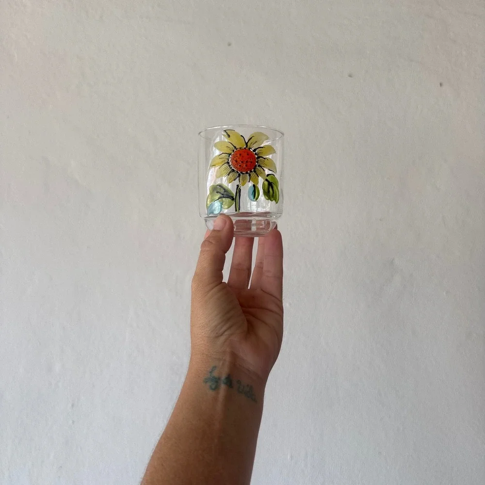 Hand Painted Sunflower Drinking Glass Tumbler Clear Glass Floral Juice Cup 3